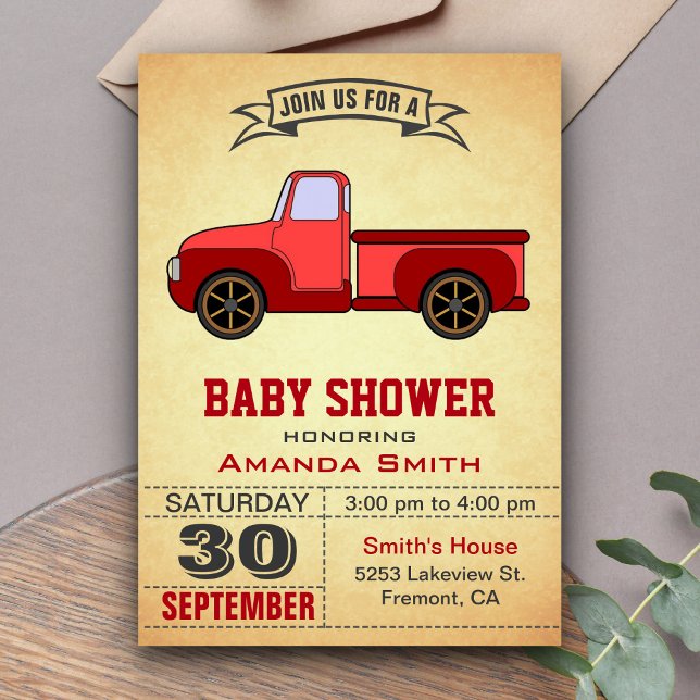 Invitation vintage Baby shower de camion rouge (Créateur téléchargé)