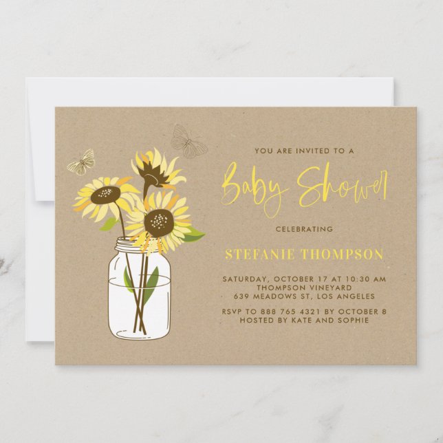 Invitation vintage Baby shower de tournesols rusti (Devant)
