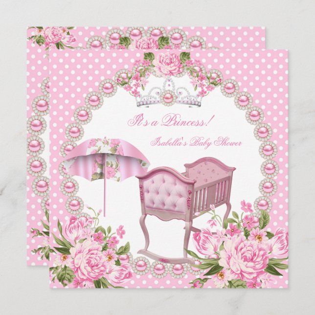 Invitation Vintage Baby shower Fille Parapluie Rose Berceau (Devant / Derrière)