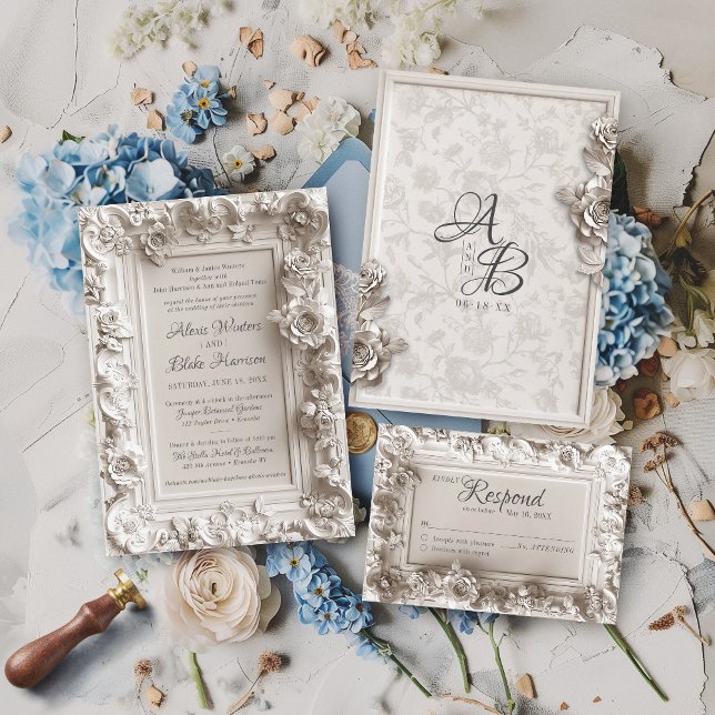 Invitation Vintage Baroque Floral Cadre Monogramme Mariage (Baroque plaster floral frame Gilded age vintage Old Money theme elegant wedding invitation RSVP set)