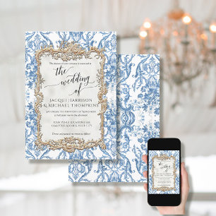 Invitation Vintage Baroque Rococo Floral Bleu Blanc Mariage