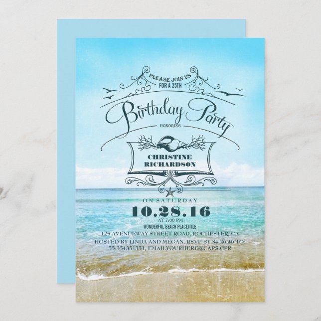 Invitation Vintage Beach Ombre Blue Sea Anniversaire (Devant / Derrière)