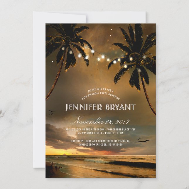 Invitation Vintage Beach Sunset Palm Lights Anniversaire (Devant)