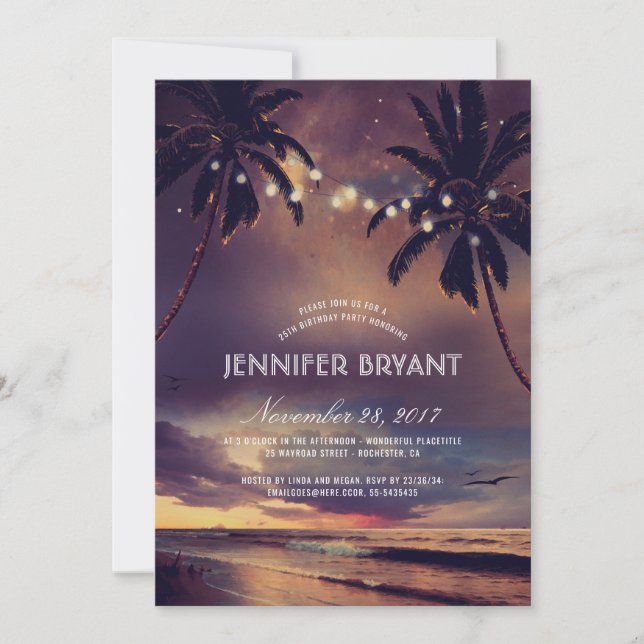 Invitation Vintage Beach Sunset Palm Lights Anniversaire (Devant)