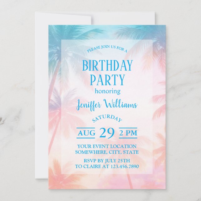 Invitation Vintage Beach Sunset Palm Trees Pastel             (Devant)