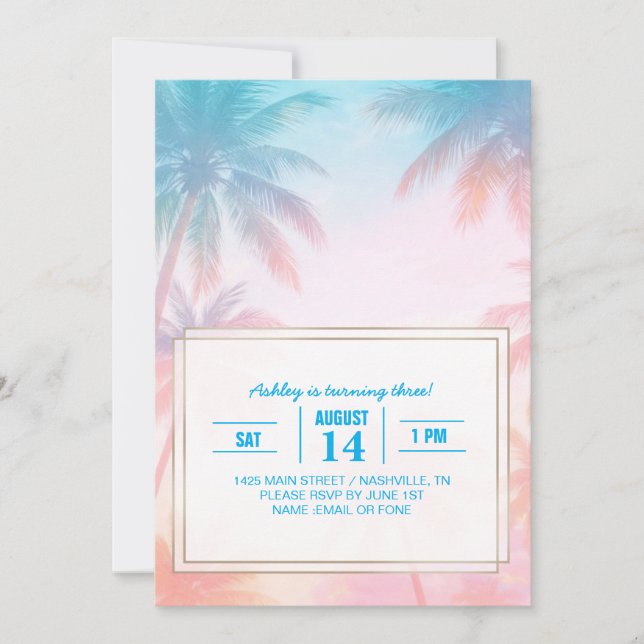 Invitation Vintage Beach Sunset Palm Trees Pastel             (Devant)