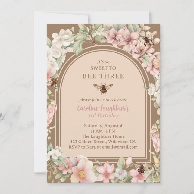 Invitation Vintage Bee Fleur sauvage Troisième anniversaire (Devant)