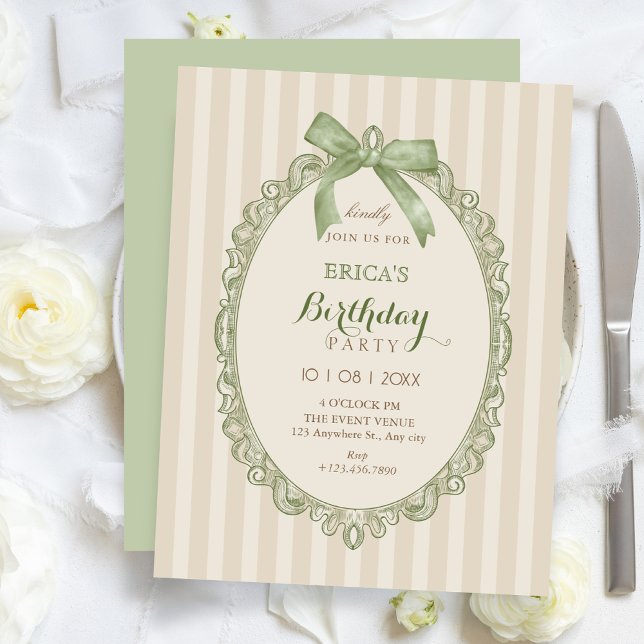 Invitation Vintage beige green elegant sweet bow birthday (Créateur téléchargé)