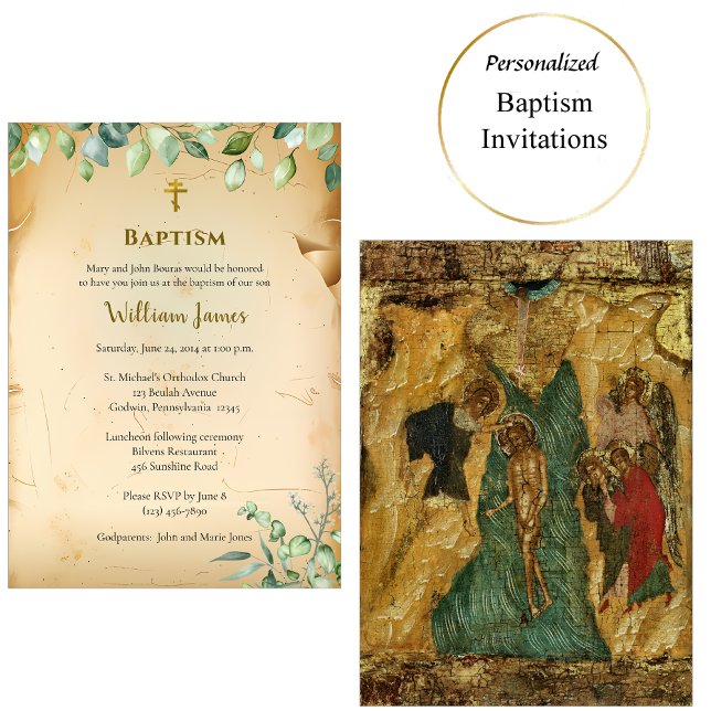 Invitation Vintage Beige Parchment Foliage Orthodox Baptism   (Créateur téléchargé)