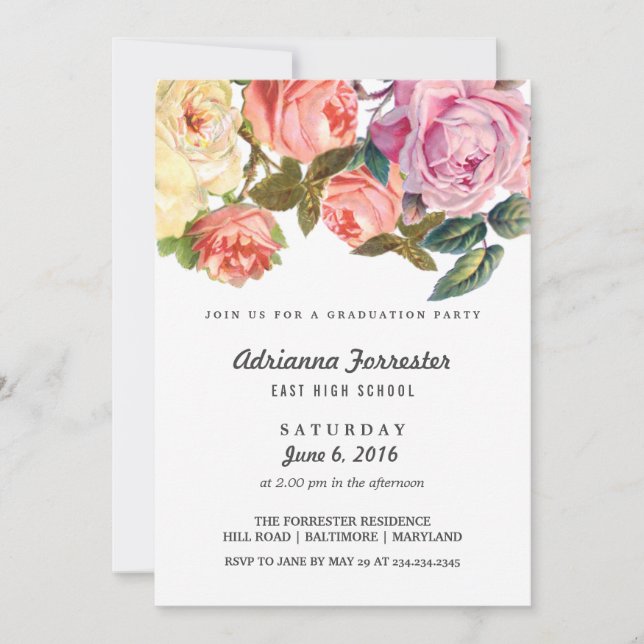 Invitation Vintage Belle fête de graduation Rose (Devant)