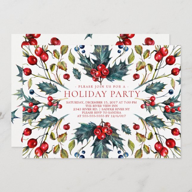 Invitation vintage Berry Holly Holiday (Devant / Derrière)