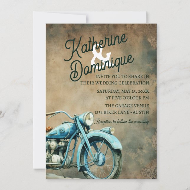 Invitation Vintage Biker Wedding Motorcycle Blue (Devant)