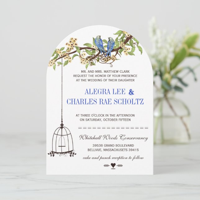 Invitation Vintage Bird Royal Blue Cerry Blossom Mariage (Debout devant)