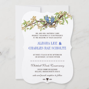 Invitation Vintage Bird Royal Blue Cerry Blossom Mariage