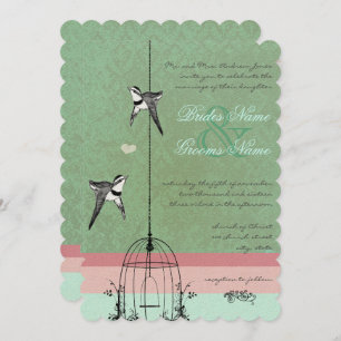 Invitation Vintage BirdCage Pea Pod Coral Inséparables Mariag