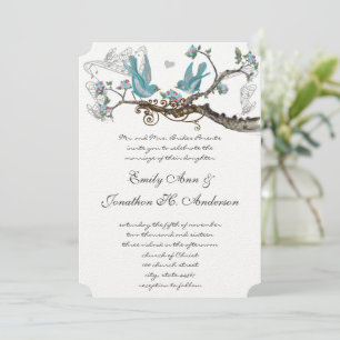 Invitation Vintage Birds Aqua & Hot Rose Wedding Inviter