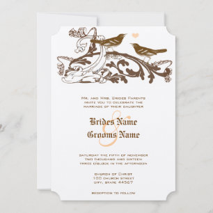 Invitation Vintage Birds Brown et Mariage corallien
