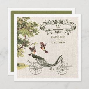 Invitation Vintage Birds & Carriage Burlap Texture Mariage
