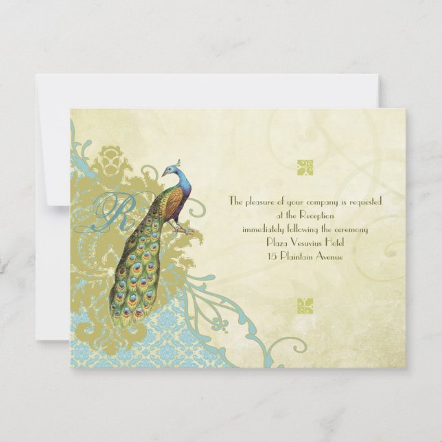 Invitation Vintage Birds Lagon Endive Damask Réception (Devant)