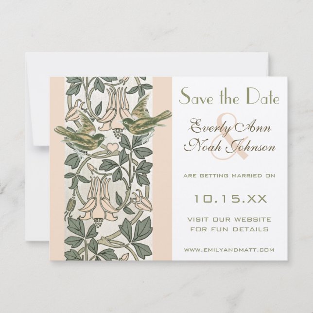 Invitation Vintage Birds Peach Honeysuckle Enregistrer la dat (Devant)