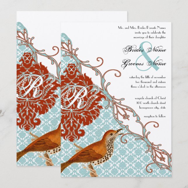 Invitation Vintage Birds Red Endive Mariage damassé (Devant / Derrière)