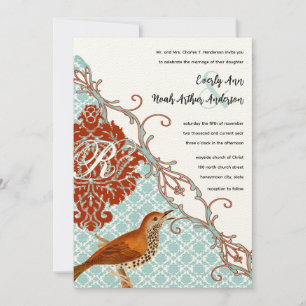 Invitation Vintage Birds Red Endive Mariage damassé