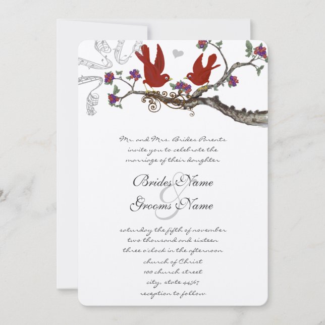 Invitation Vintage Birds Red & Purple Wedding Invite (Devant)