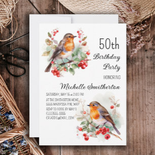 Invitation Vintage Birds Robin Redbreast 50e Anniversaire
