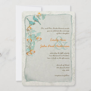 Invitation Vintage Birds Turquoise et Orange Mariage damassé