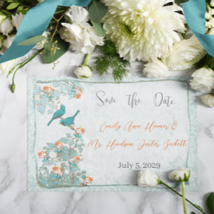 Invitation Vintage Birds Turquoise Orange Mariage damassé