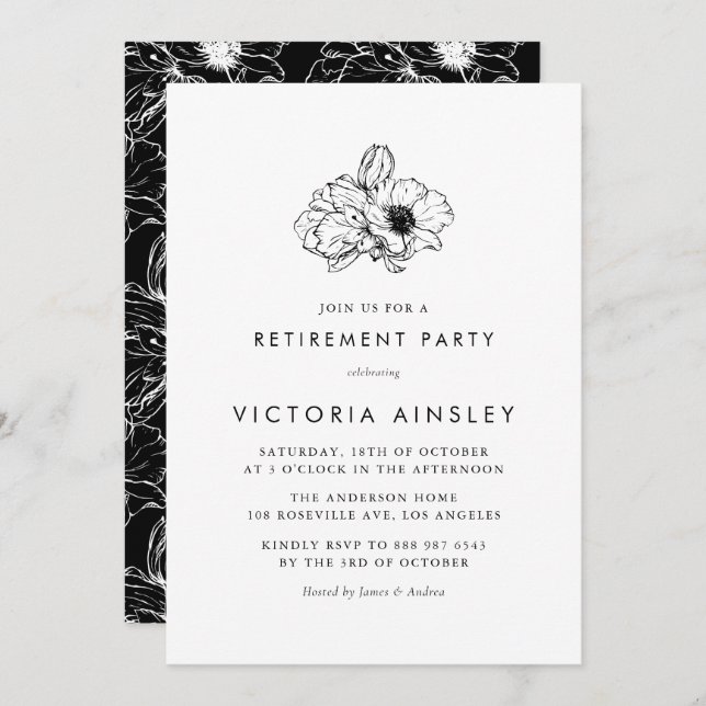 Invitation Vintage Black Anemone Floral Retraite Party (Devant / Derrière)