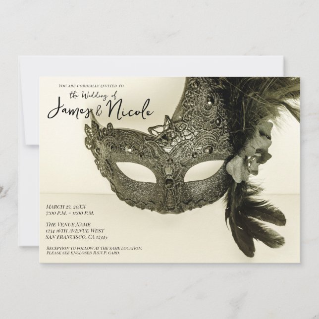 Invitation Vintage Black Feather Masquerade Masque Tan Mariag (Devant)
