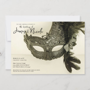 Invitation Vintage Black Feather Masquerade Masque Tan Mariag