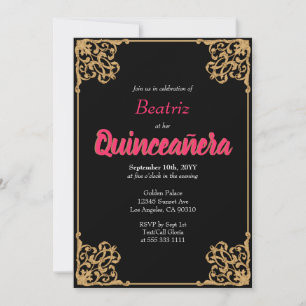 Invitation Vintage Black Gold Cadre baroque Pink Quinceañera