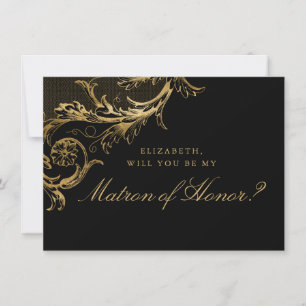 Invitation Vintage Black Gold Floral Damask Matron d'honneur