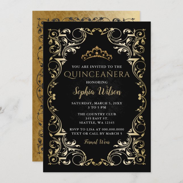 Invitation Vintage Black Gold Princesse Tiara Quinceañera (Devant / Derrière)
