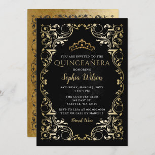 Invitation Vintage Black Gold Princesse Tiara Quinceañera