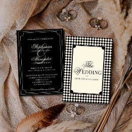 Invitation Vintage Black Ivory Checkered Old Money Wedding