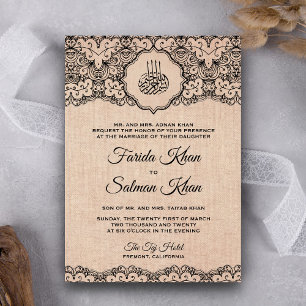Invitation Vintage Black Lace Russe Burlap Mariage islamique
