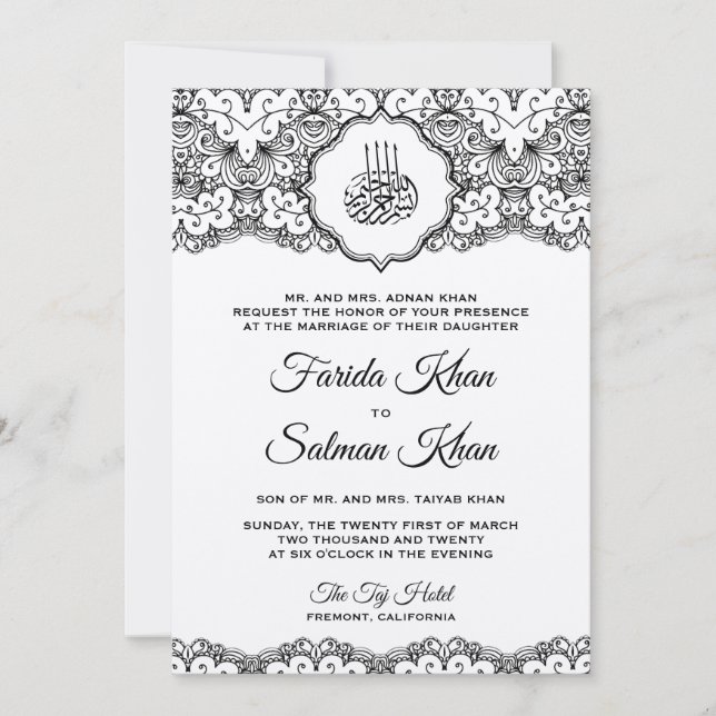 Invitation Vintage Black Lace Sent Ecru Mariage islamique (Devant)