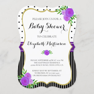 Invitation Vintage Black Stripe Dot Purple Floral Baby shower