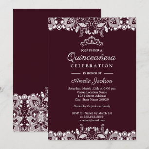 Invitation Vintage Blanc Dentelle Burgundy Robe de Quinceaner