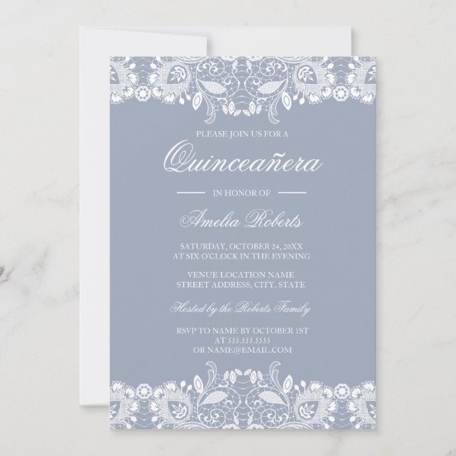 Invitation Vintage blanc dentelle Dusty bleu Quinceanera Invi (Devant)