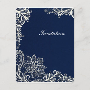 Invitation vintage blanc dentelle motif bleu marine mariage