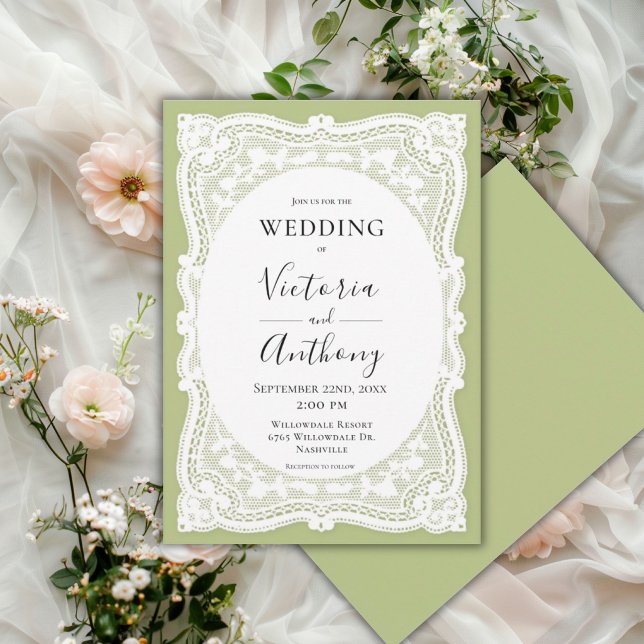 Invitation Vintage blanc dentelle vert Russe Mariage (Créateur téléchargé)