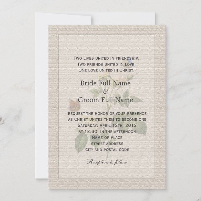 Invitation Vintage blanc fleurs de rose mariage chrétien (Devant)