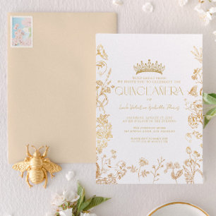 Invitation Vintage Blanc Or Tiara Floral Quinceañera