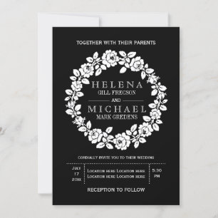 Invitation Vintage blanc rose couronne noir mariage floral