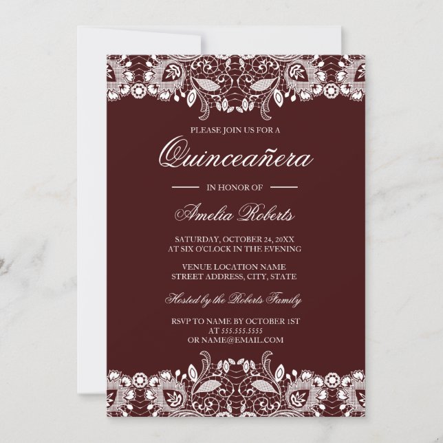 Invitation Vintage Blanche dentelle Bourgogne Quinceanera Inv (Devant)