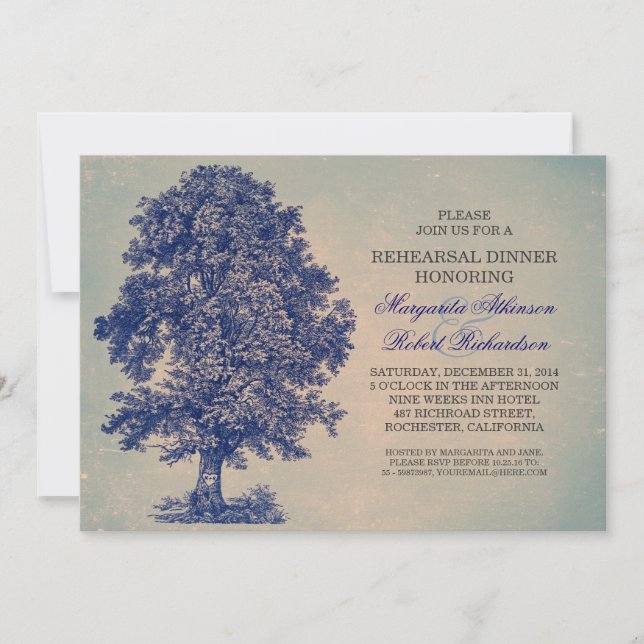 Invitation vintage bleu arbre rustique répétition dîner invit (Devant)